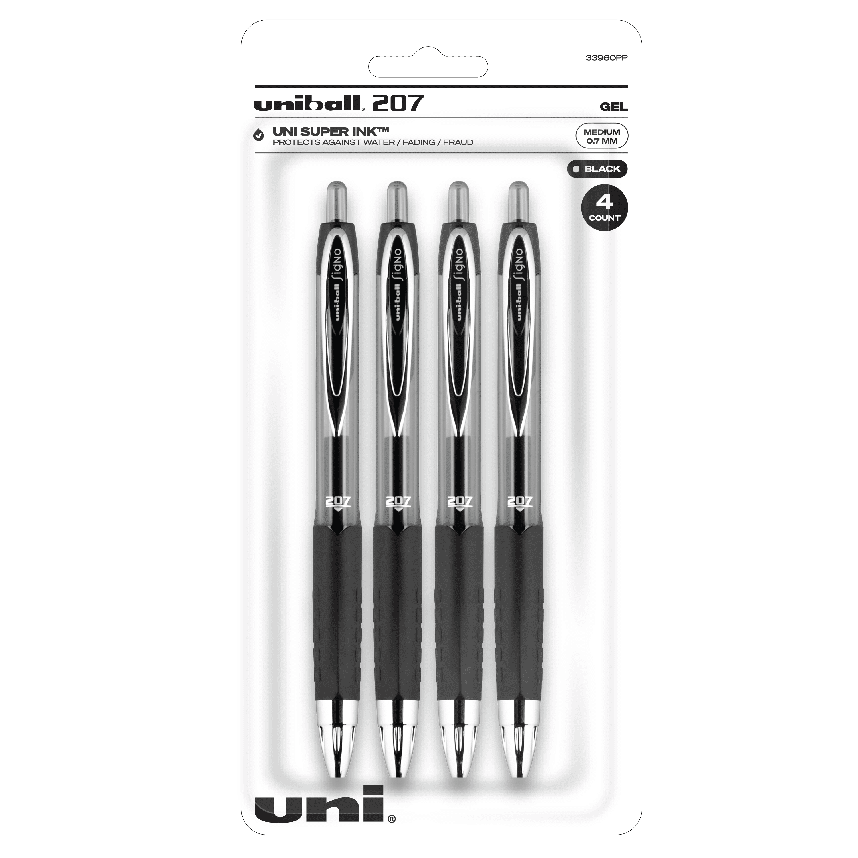 uniball 207 Retractable Gel Pen, Medium Point, 0.7 mm, Black Ink, 4 Count