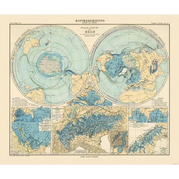 Historic Map - North Pole South Pole - Perthes 1884 - 27.42 x 23 - Vintage Wall Art