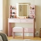 thumbnail image 5 of Tocador de dormitorio con espejo HD y luces LED regulables en 3 colores, enchufe incorporado, 2 cajones amplios, 6 estantes abiertos, incluye taburete, ideal para maquillaje y organización, color pink, 5 of 6