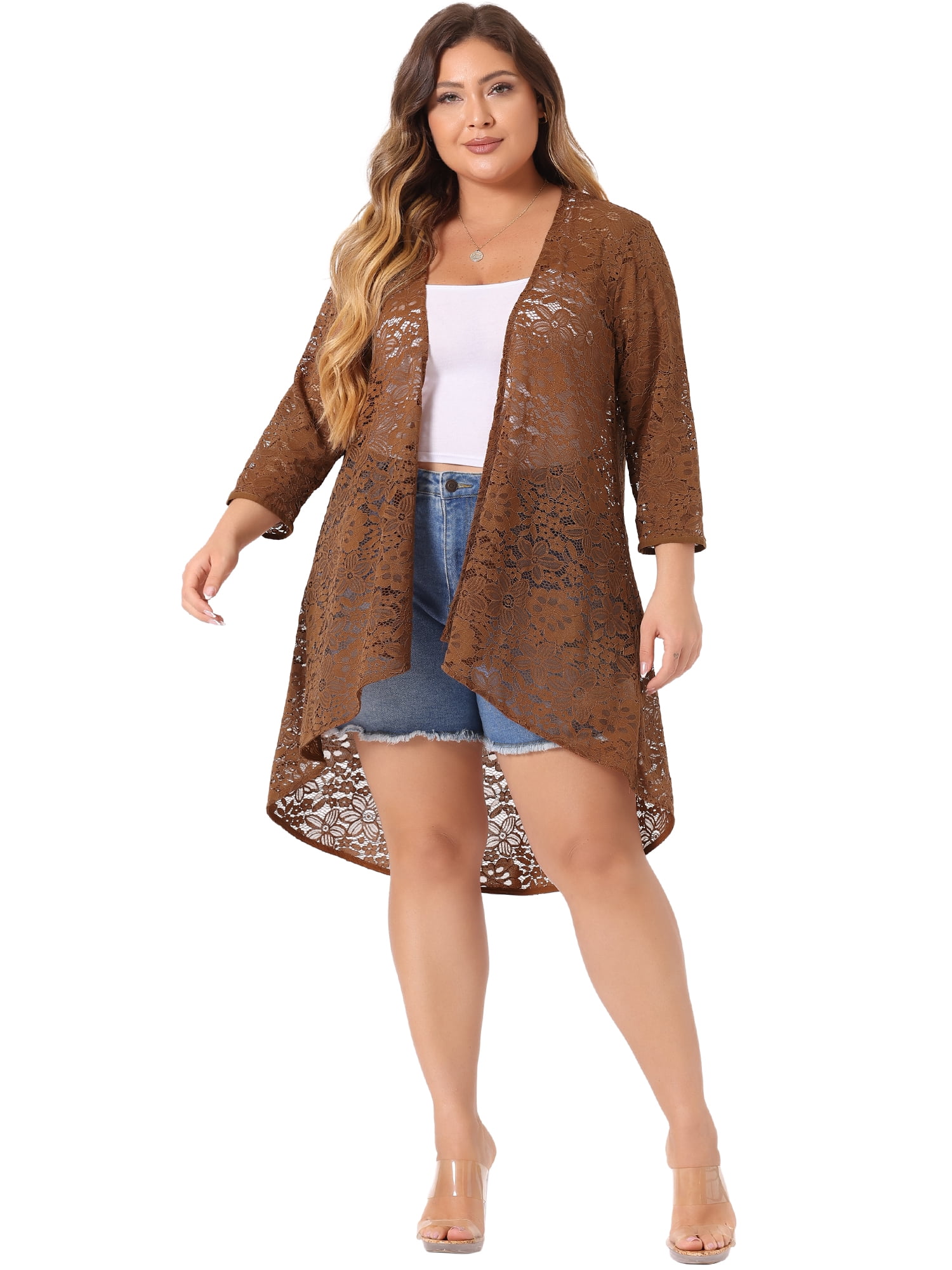 DARING DIVA Plus Size Lace Crochet Sheer Kimono Cover Up Cardigan 4X Brown