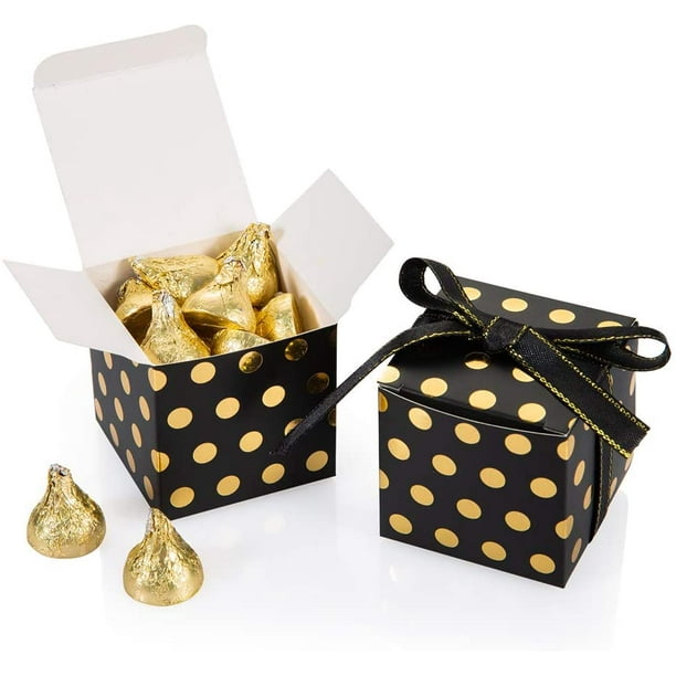 Black Gift Candy Box with Gold Dots Bulk 2x2x2 inches with Ribbon Party