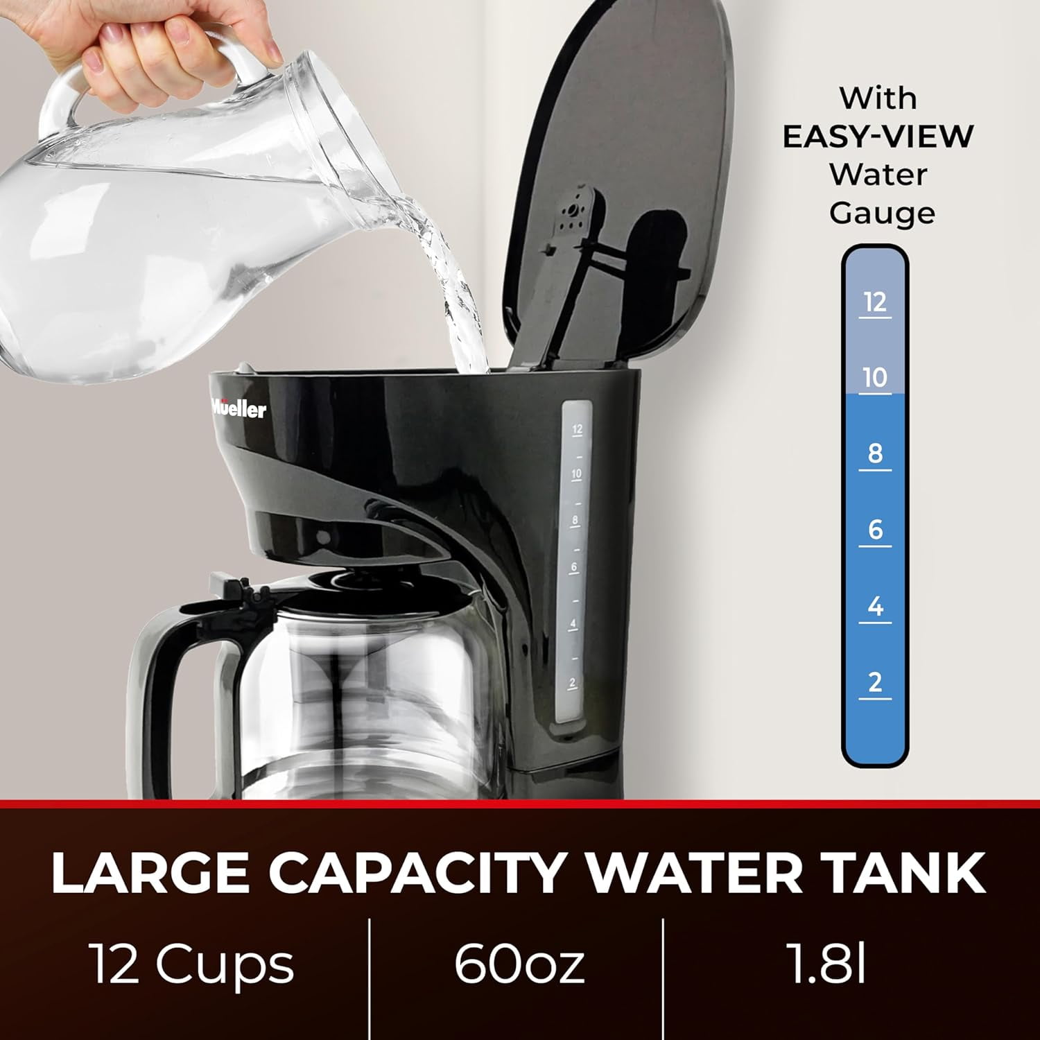 Mueller 12-Cup Drip Coffee Maker - Borosilicate Carafe, Auto-Off, Reusable Filter, Anti-Drip, Keep-Warm Function, Clear Water Level Window Coffee Machine, Ideal for Home or Office