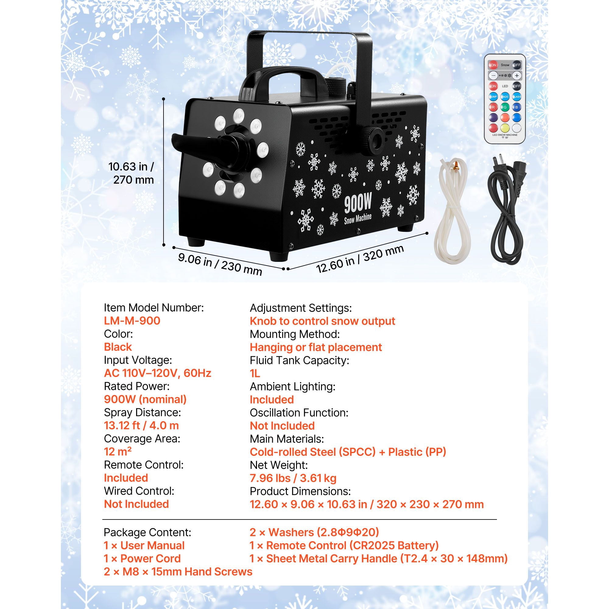 900W Snow Machine with 9 LED RGB Lights, 12 LED Lighting Colors, and Wireless Remote, Handheld Hanging Outdoor Snowflake Machine Fake Snow Machines with 1L Tank for Christmas Party