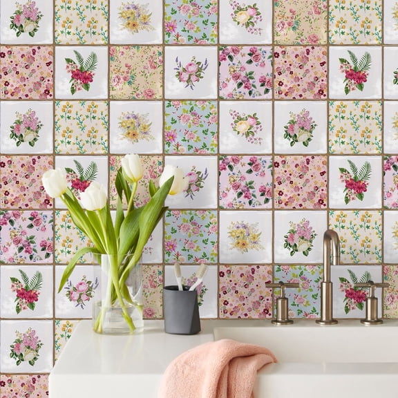 10Pcs Tile Decals 6x6inch Vinyl Sticker Peel and Stick Self-Adhesive Removable Floral Tiles Transfers Backsplash Decal for Kitchen Bathroom Decor