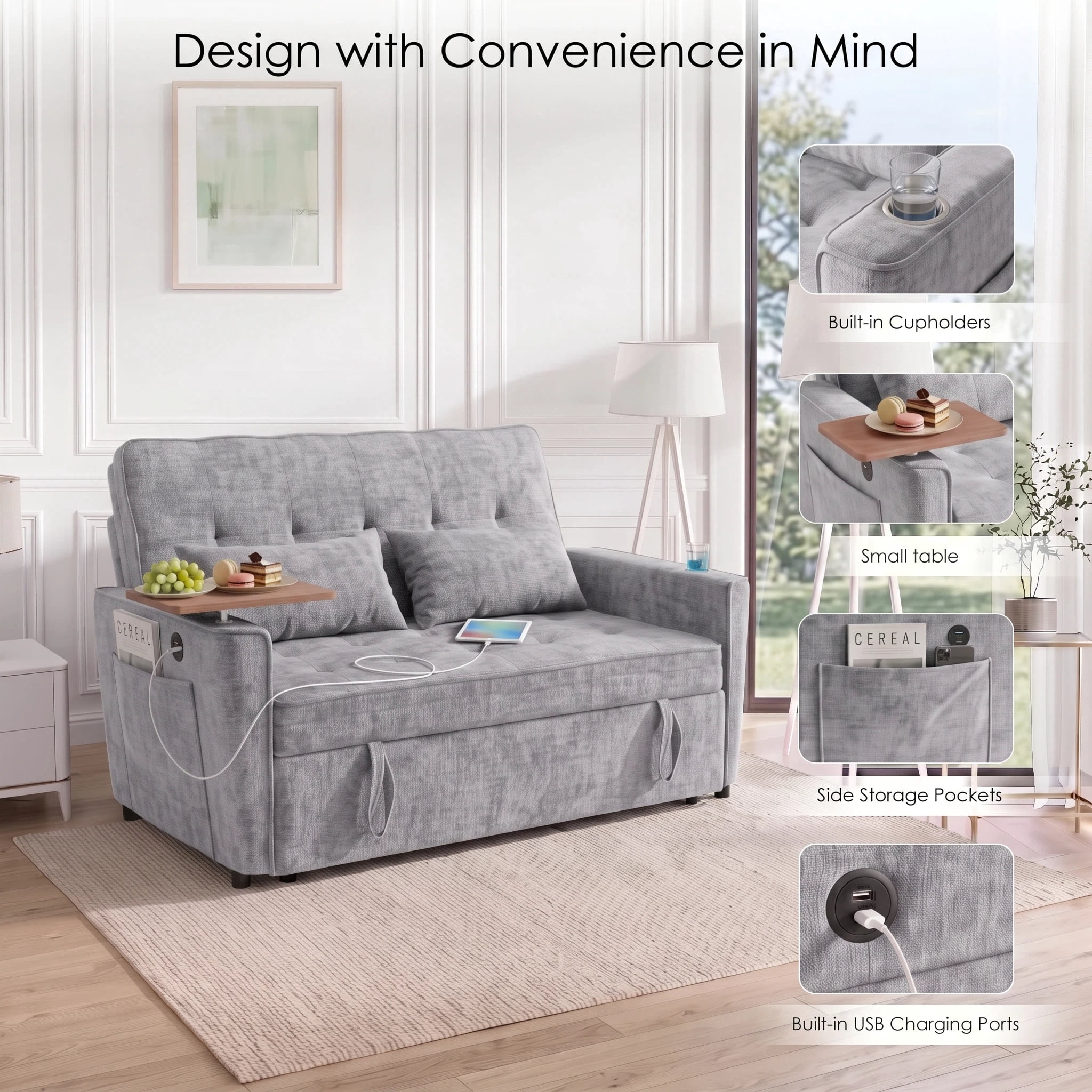 AISWORD 54" Convertible Pull Out Sleeper Sofa Bed, Chenille Loveseat Couch with USB Port, Side Tray Table, Cup Holder, Storage Pockets & Adjustable Backrest for Small Spaces, Light Gray