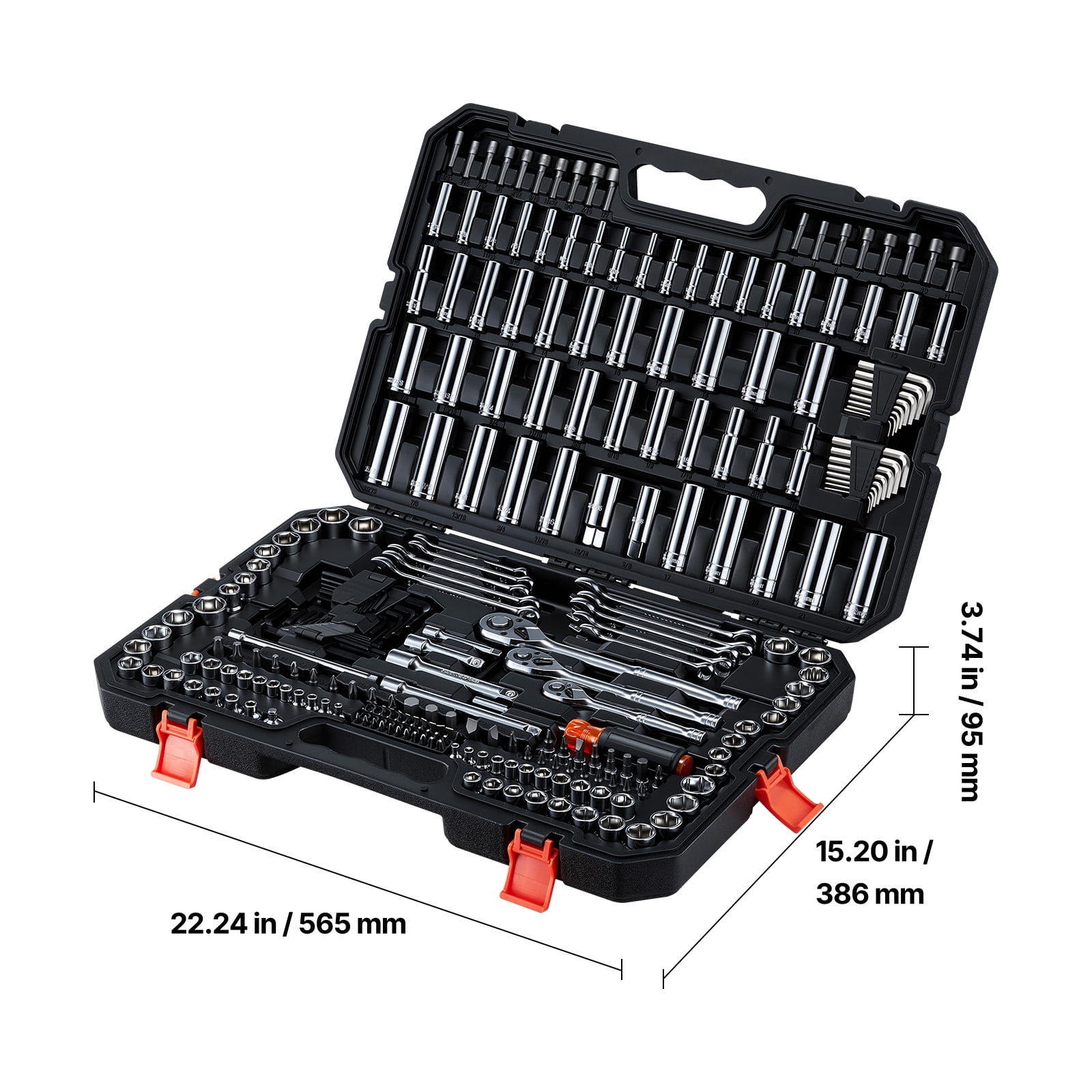 VEVOR Mechanics Tool Set, 253-Piece Mechanic Tool Kit, 1/4 in, 3/8 in, and 1/2 in Drive, SAE and Metric Socket Set, Wrenches, Screwdriver Bits, Accessories, and Storage Case, for Automotive Repair