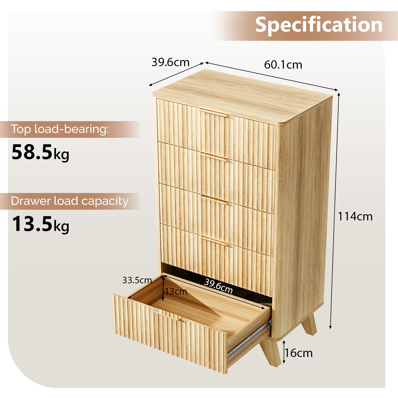 Ktaxon Fluted Tall 5 Drawer Dresser Solid Wood Chest of Drawers with Soft Close Slides Storage Cabinet for Bedroom Living Room Entryway Oak