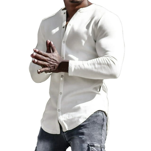 Camisas s Para Hombre Camisa al libre sin cuello de color sólido de manga larga de algodón de otoño e invierno para hombre (White, L)