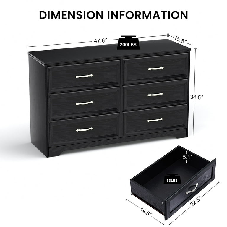 Spaco Drawer Dresser with Gold Trim Pulls, Black Particle Board & MDF,  Sturdy Storage Solution