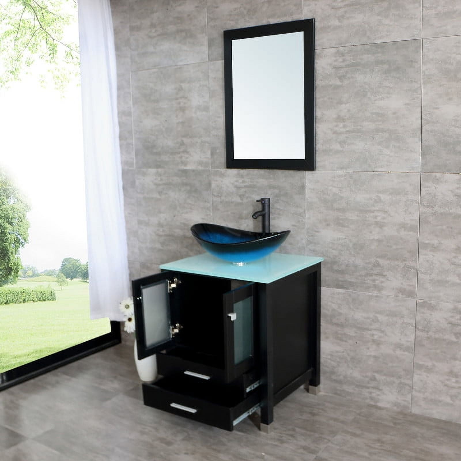 Walsport 24" Luxurious Bathroom Vanity with Blue Tempered Glass Vessel Sink Bowl and Countertop and Mirror and Faucet,Stand Floor Cabinet Bathroom Storage Vanity with Pop Up Drain,Black