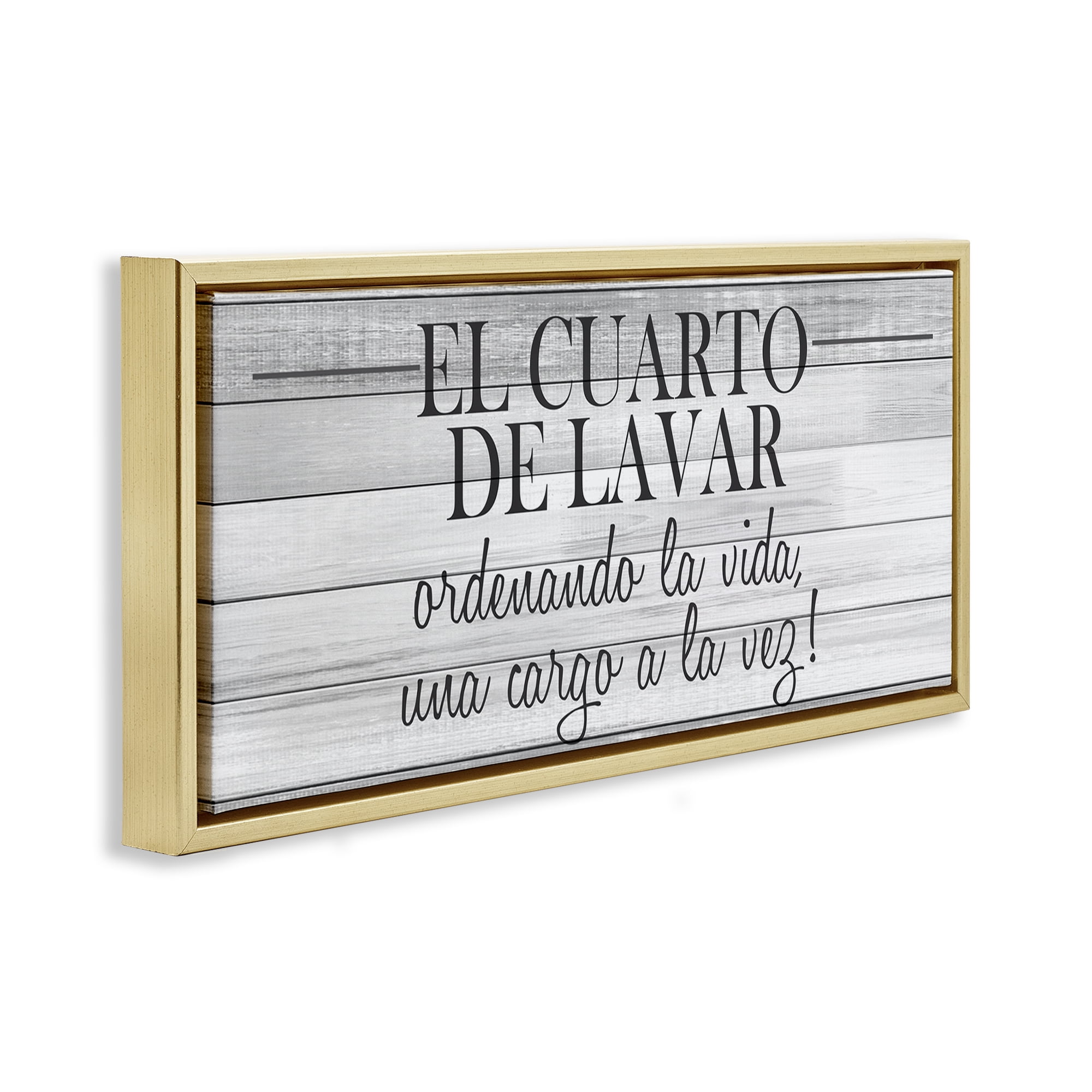 Stupell Industries Cuarto de Lavar Ordenando la Vida Bath & Laundry Painting Gold Floater Framed Art Print Wall Art, 25 x 11