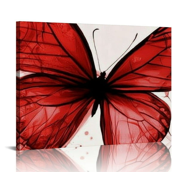 FCXZI Minimalist X-Ray Red Butterfly Canvas Wall Art Black Ready to Hang Prints Abstract Butterfly Artwork for Girls Bedroom, Modern Nursery, Bathroom Decor 16x12in