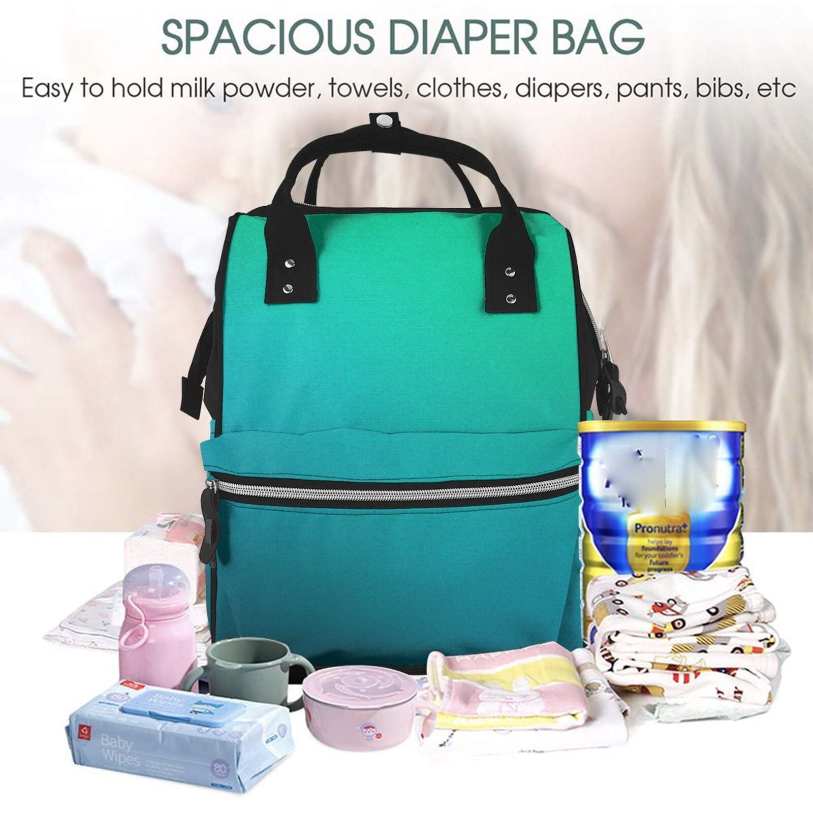 Ratiio Green Turquoise Teal Mummy Backpack - Waterproof Twill Canvas, Large Capacity Diaper Bag with Multiple Pockets and Adjustable Straps