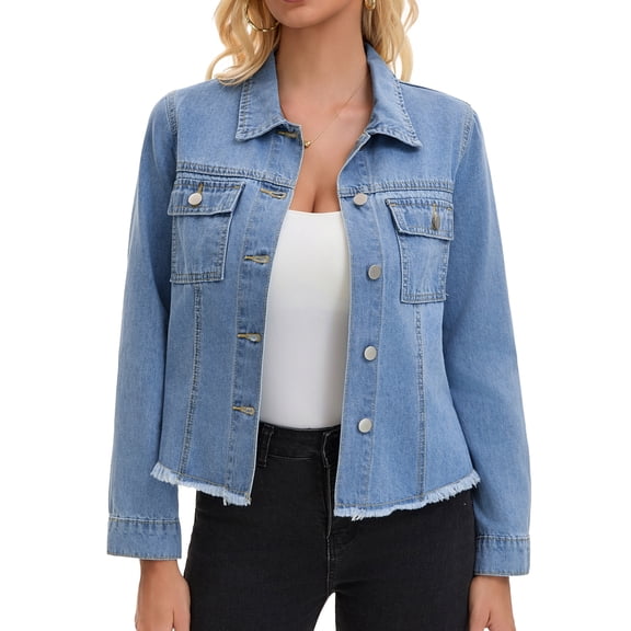 DARING DIVA Women's Long Sleeve Lightweight Frayed Hem Jean Shacket L Blue