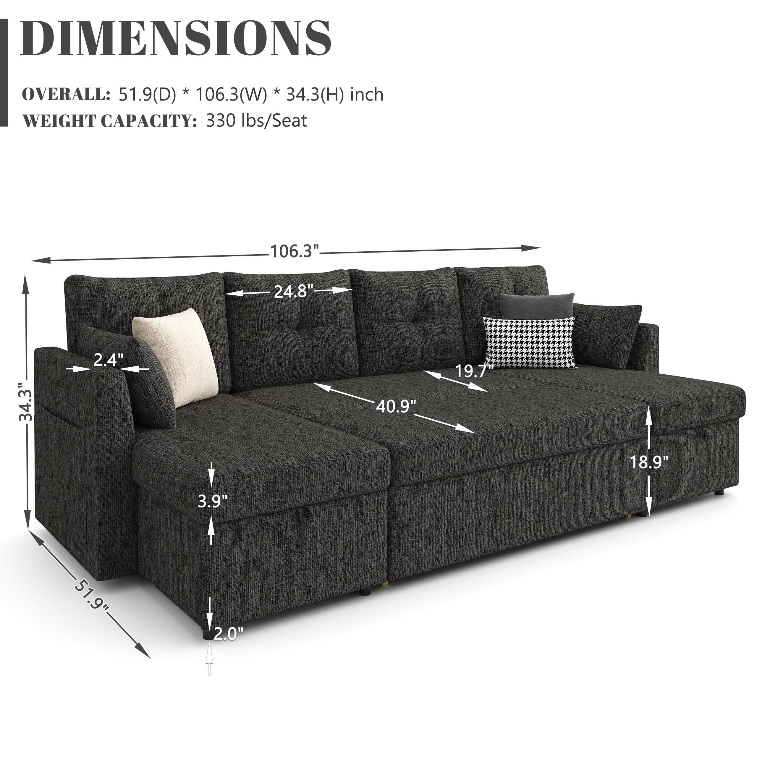 Mangodan 110 inch Sectional Oversized Sleeper Sofa with Side Pocket , Pullout Couch Bed with Double Storage Chaise, Black