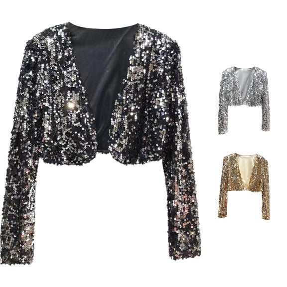 Jane Wardrobe Sequin Cropped Blazer for Women, Open Front Long Sleeve, Sparkly Party Vacation Short Outerwear, 1 Piece, S-XL