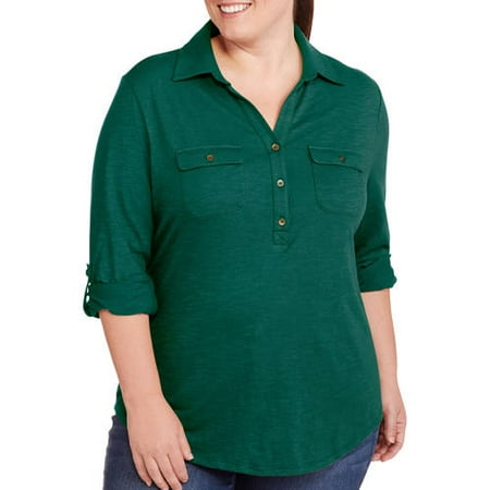 Womens Plus-Size Long Sleeve 2 Pocket Button Front Knit Top