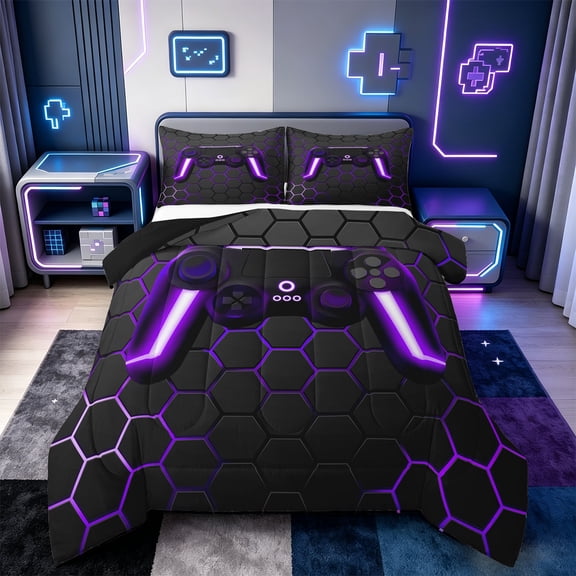 Manfei Neon Gamepad Bedding Comforter Set,Modern Geometric Honeycomb Twin Comforter Sets,Purple Black Bedding Set For Boys Kids,Super Cozy Bedroom Decor Reversible,2-Piece