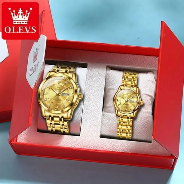 Gold Watch for Men Women Sets Stainless Steel Luxury Lover s Watch Business Quartz Couple s Watches Red Love Gift Box gold white women 5 Walmart