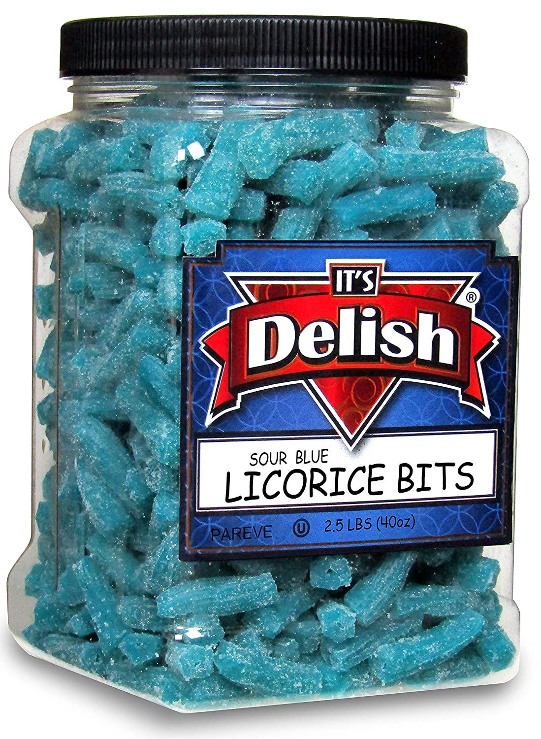 Sour Blue Blueberry Licorice Bits by Its Delish, 2.5 LBS 40 Oz Jumbo Container Jar  Original Style Chewy Sour Blue Blueberry Candy Twists  Great Gifts Party Sweets  Made in USA, Vegan, Kosher