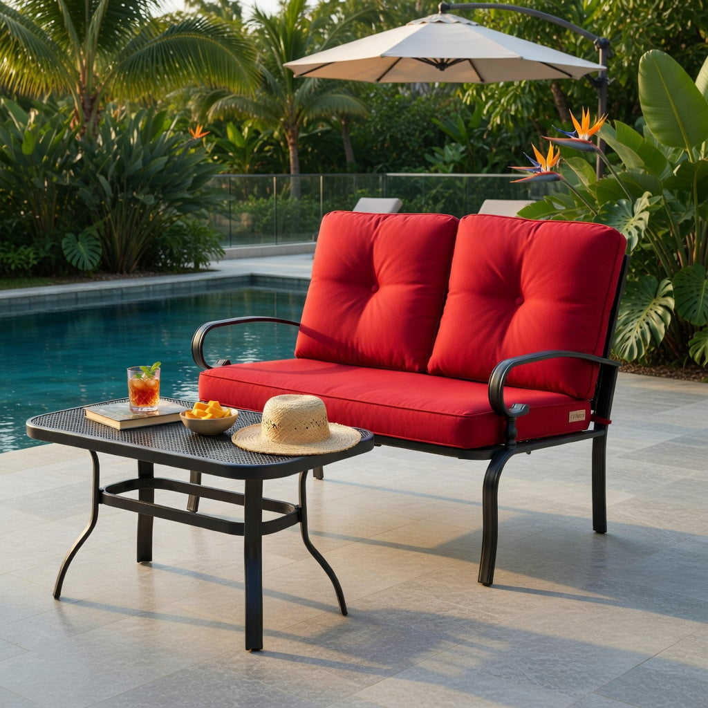Hommoo 4-Piece Outdoor Rattan Patio Furniture Set, PE Rattan Loveseat, 2 Single Chairs & Tempered Glass Coffee Table for Backyard, Balcony, Garden, Black