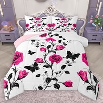 Homewish Pink Rose Flower Bedding Comforter Set,Country Floral Twin Comforter Sets,Rustic Botanical Butterflies Bedding Set For Girl Teens,Luxury Bedroom Decor Reversible,2-Piece