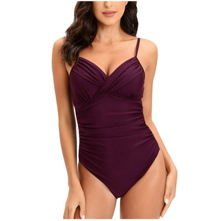 LYXSSBYX Plus Size Swimwear One Piece Women Sexy Solid with Chest Pad without Underwire Bikini Deep V One-Piece Swimsuit