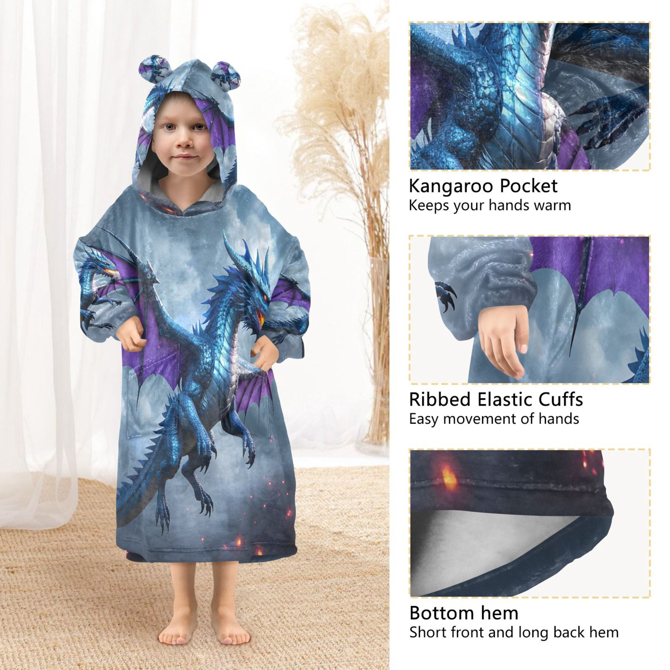 joogoo Wearable Blanket Hoodie Dragon Flying for Flannel Sherpa Pocket 3-14 YR M
