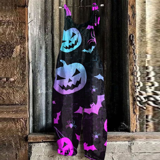 LINMOUA Combinaison Femme Imprimé Halloween Décontractée Ample Vintage Bretelles Coton Lin