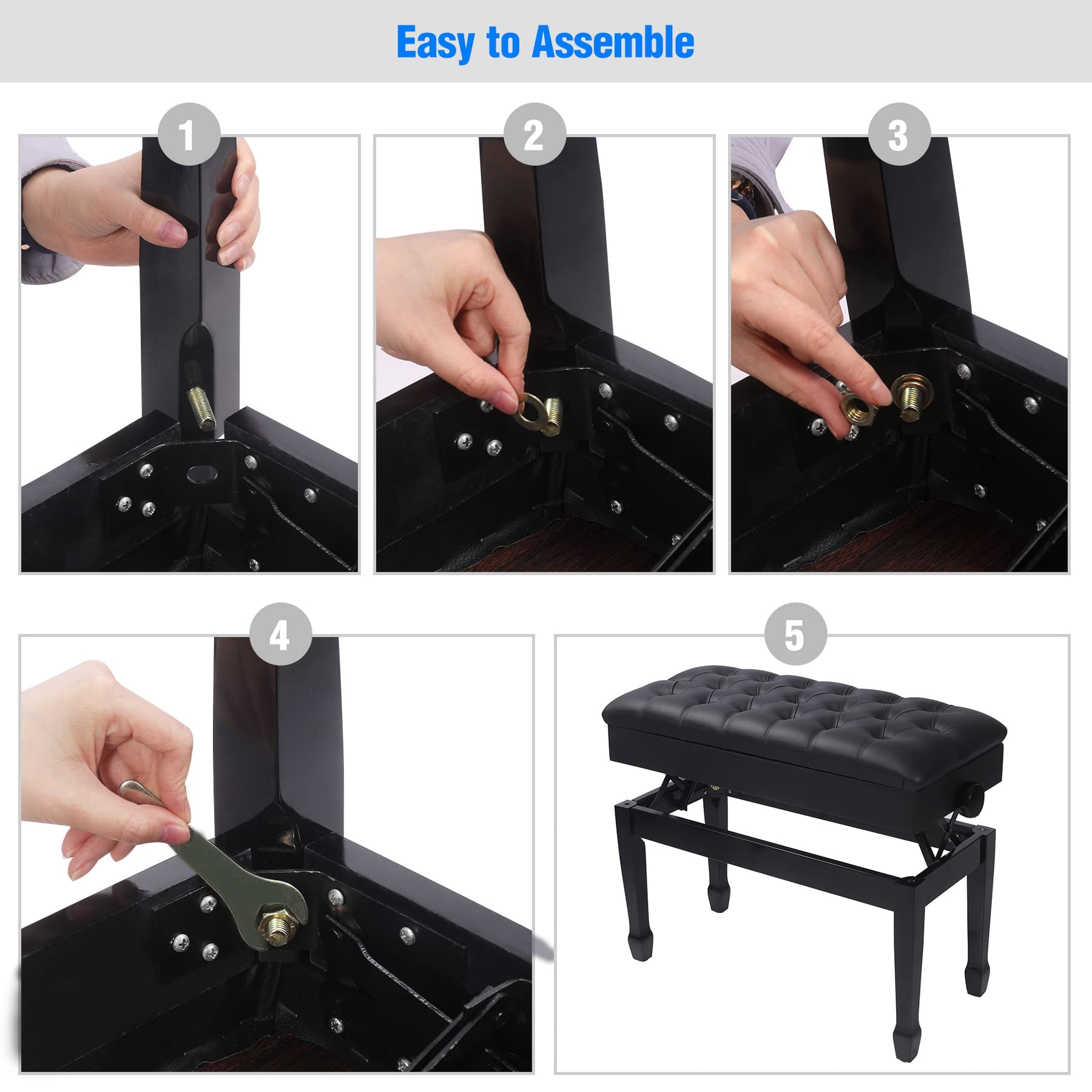 Adjustable Duet Piano Bench With Storage  Heavy Duty Double Benches Leather Cushion Black For Adults 13.8" D X 31.5" W 19.3" H