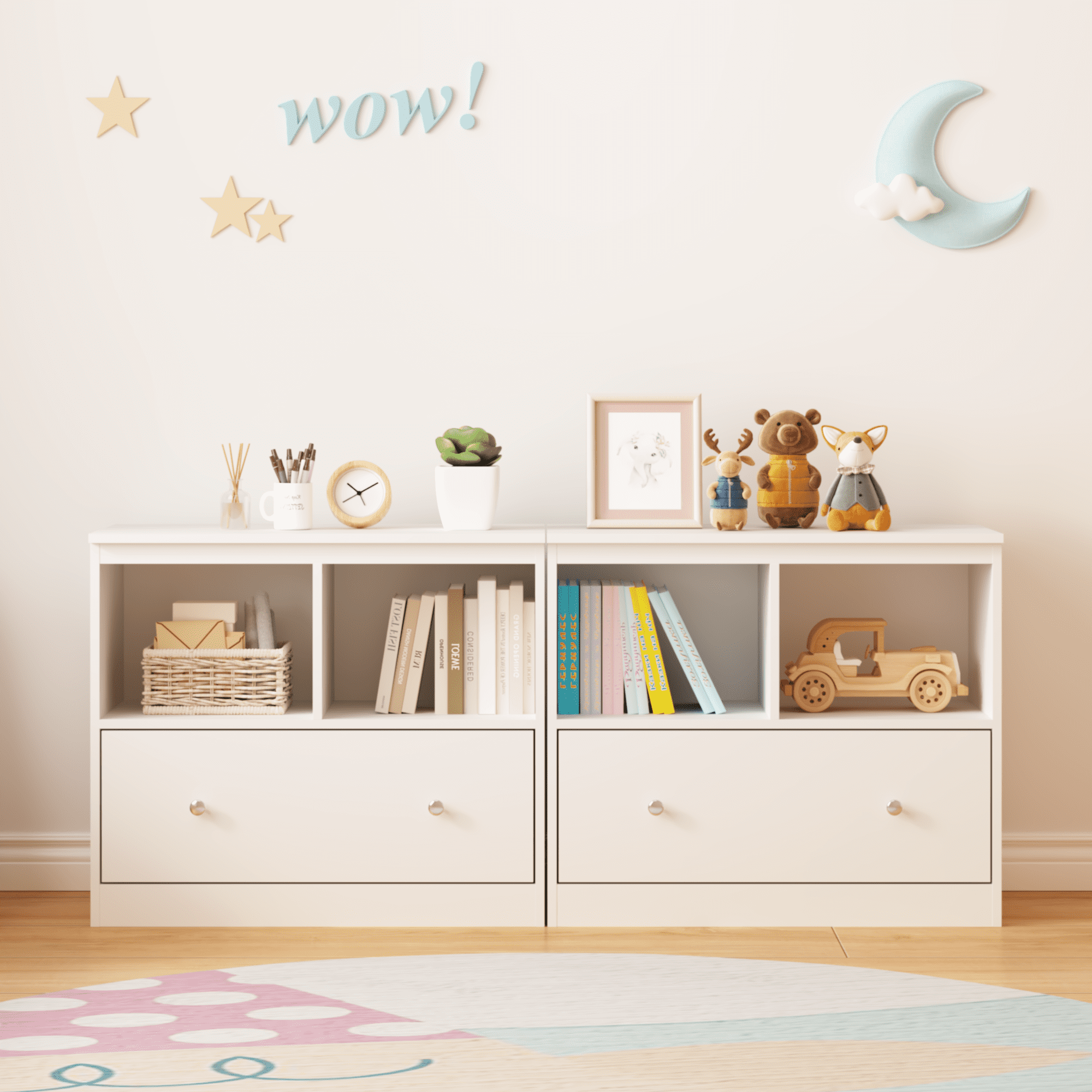 Kids Furniture Kids Toy Storage Organizer with Large Drawer, Low Bookshelf for Nursery & Playroom, Wooden Kids Cabinet for Books and Toys, White,Baby Furniture