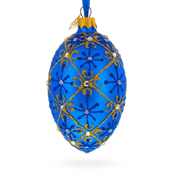 Jeweled Trellis On Blue Glass Egg Ornament 4 Inches