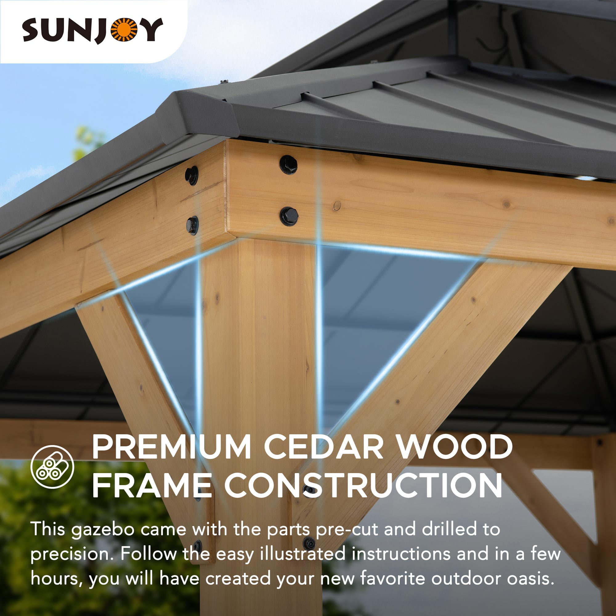 Sunjoy 11 ft. x 11 ft. Black 2-Tier Wooden Frame Hardtop Gazebo with Ceiling Hook