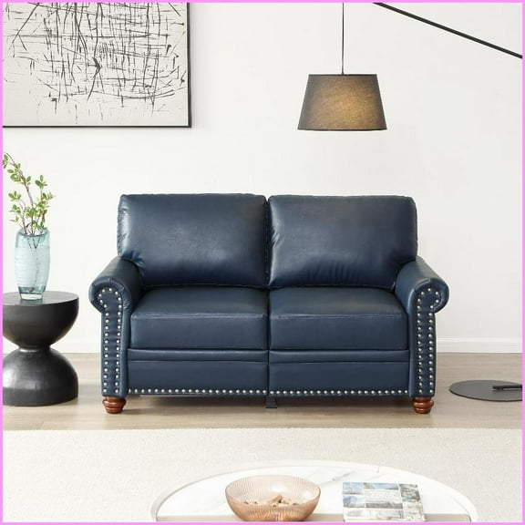 Navy Blue Faux Leather Loveseat | Round Arm | 2-Person Living Room Sofa with Storage & Silver Nails