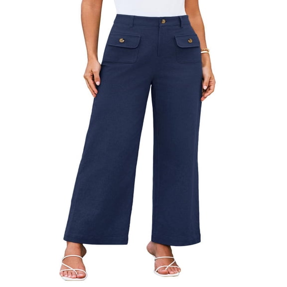 LYMAYTER Women's Business Casual Wide Leg Pants High Waist Button Pocket Trousers for S-3XL