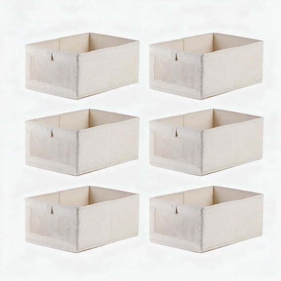 6 Pack Fabric Storage Baskets with Clear View Window, Collapsible Linen‑Look Storage Bins, Closet Organizer Boxes for Wardrobe Shelves Clothes Underwear Home Storage