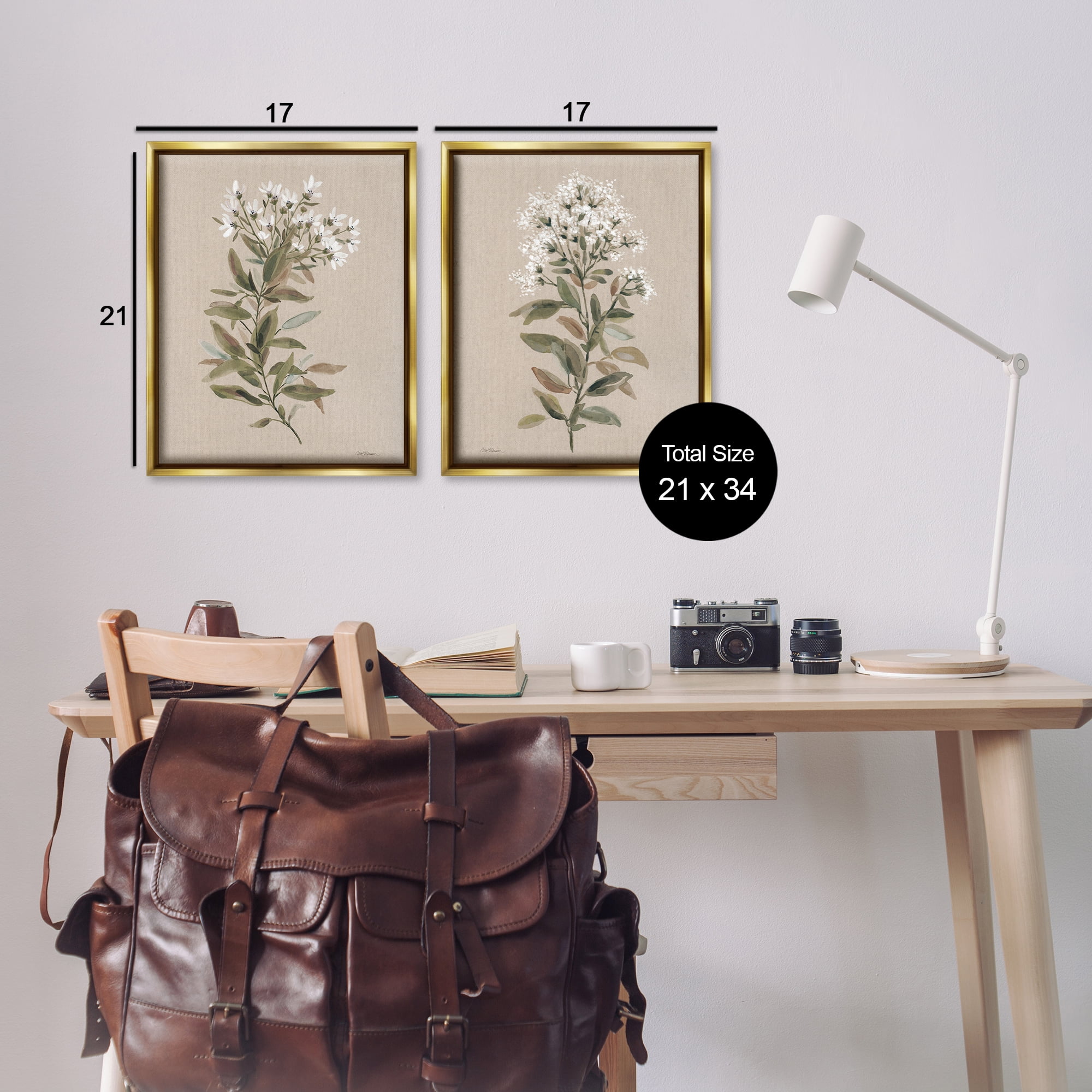 Stupell Industries Lovely White Floral Stem Plants & Flowers Painting Gold Floater Framed Canvas Art Print Wall Art, 17 x 21, Set of 2