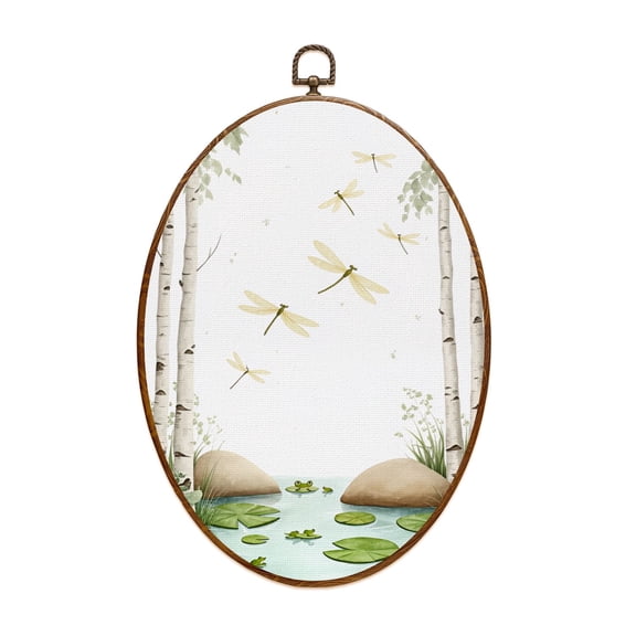Canvas Wall Art Birch Lined Pond Frogs Dragonflies Oval Framed Canvas Prints Vintage Wall Hanging Decor for Home Office Decorations 8.6"x11.4"