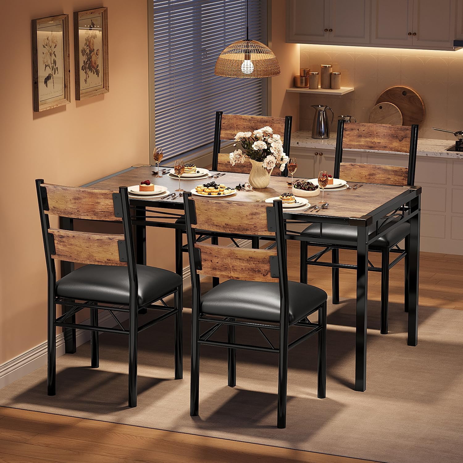 5 piece Dining Table Set for 4,  Corner Protector with Upholstered Chairs for, Kitchen Room, Apartment
