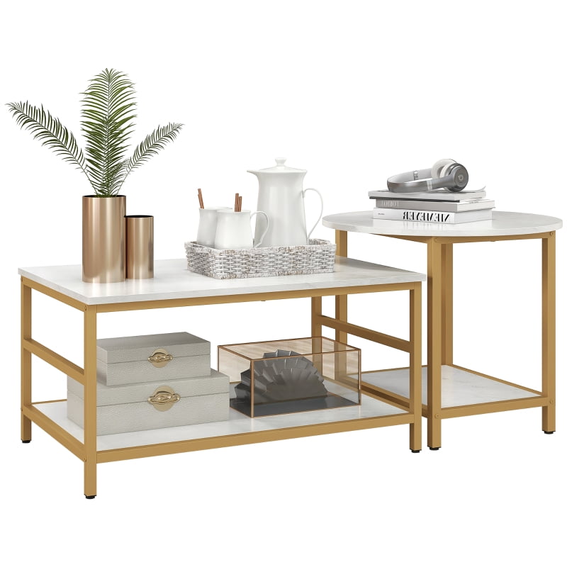 HOQBN Coffee Table Set of 2, Rectangle and Round Coffee Tables with Storage Shelves, Faux Marble Top, Living Room Table Set