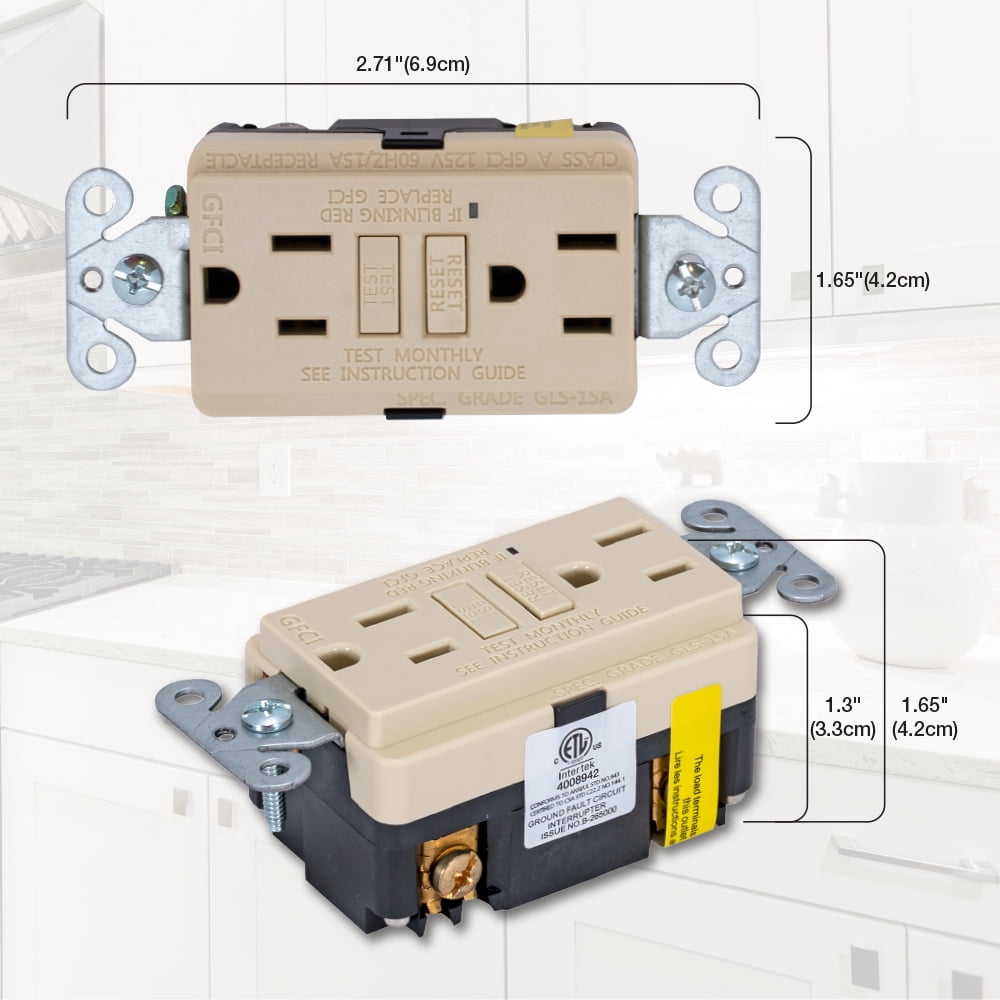 EZ-FLO 62168 Self-Test 15 Amp 125 Volt Slim GFCI Outlet with LED Indicator and Wall Plate, Ivory