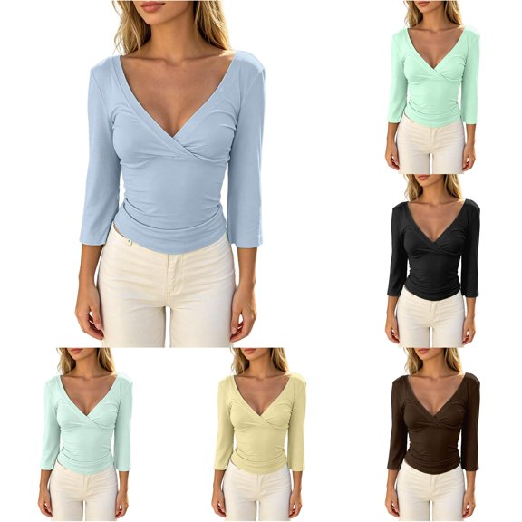 XIYON Womens T Shirts Solid Color 3/4 Sleeve V Neck Top For Casual Everyday Tee Shirt Slim Fit Basic Tee Trendy Fall Outfits