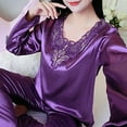 thumbnail image 6 of Skymirror 2 Pcs/Set Women Pajamas Set Silky Long Sleeves V Neck Solid Color Loose Sleeping Lace Plus Size Women Nightie Set for Bedroom, 6 of 8