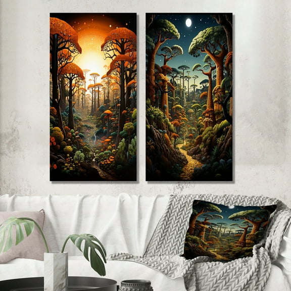 Designart "Baobab Tree The captivate II" Tree Baobab Wall Art Set Of 2 - Orange Floral Canvas Set For Living Room Decor