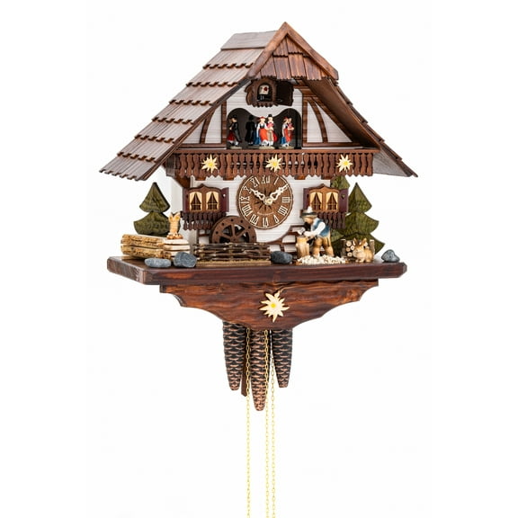 Cuckoo Clock Black Forest house with moving wood chopper and mill wheel