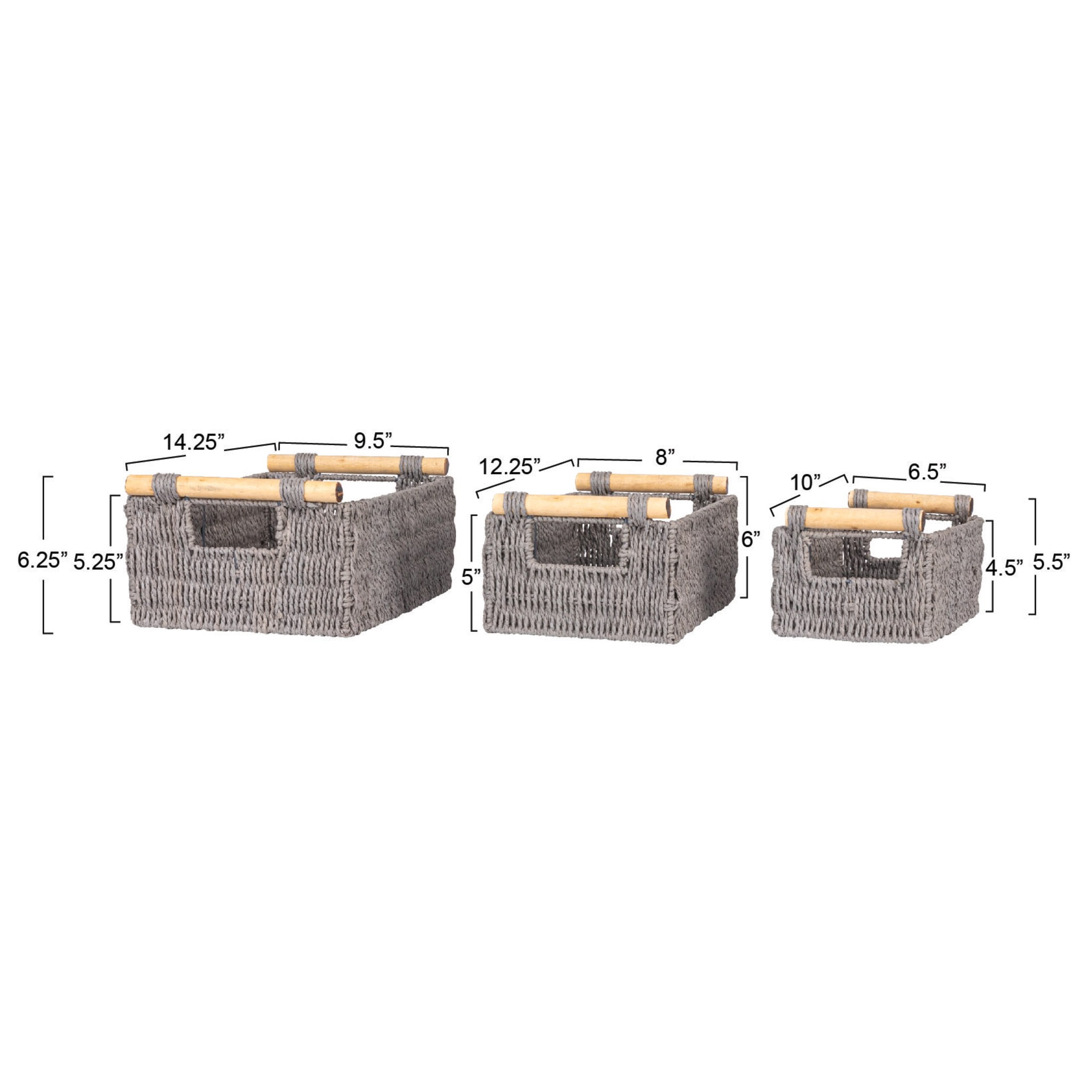 Household Essentials Decorative Woven Baskets, Set of 3, Paper Rope with Wood Handles, Sturdy Metal Frame, Small, Medium and Large, Grey