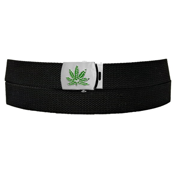 Green Leaf Buckle Black Adjustable Canvas Web Belt With Metal Buckle 32 to 72