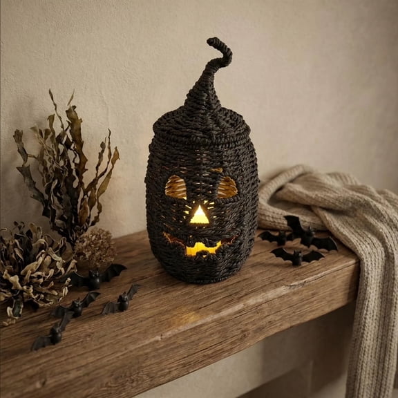 Pumpkin Lights Halloween Decor, Hand-Woven Pumpkin Jack-O'-Lantern with LED Candle Light, Rattan Fall Halloween Ornament for Home Office Haunt House Party Decor
