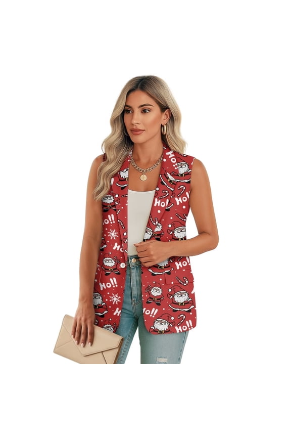 Christmas HO Santa Womens Vest with Pockets Sleeveless Blazer Vest for Women Lightweight Button Down Waistcoat Vests Fashion Size 5XL