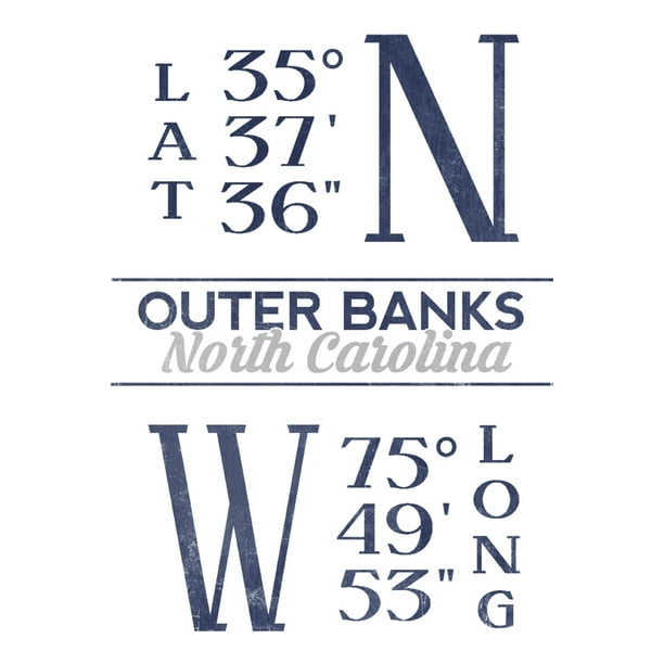 Outer Banks, North Carolina, Latitude and Longitude (Blue) (9x12 Wall